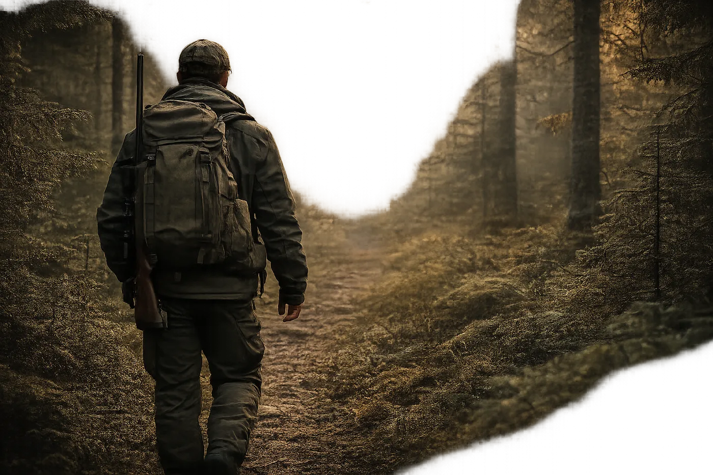Jeger i norsk skog i gyllen time